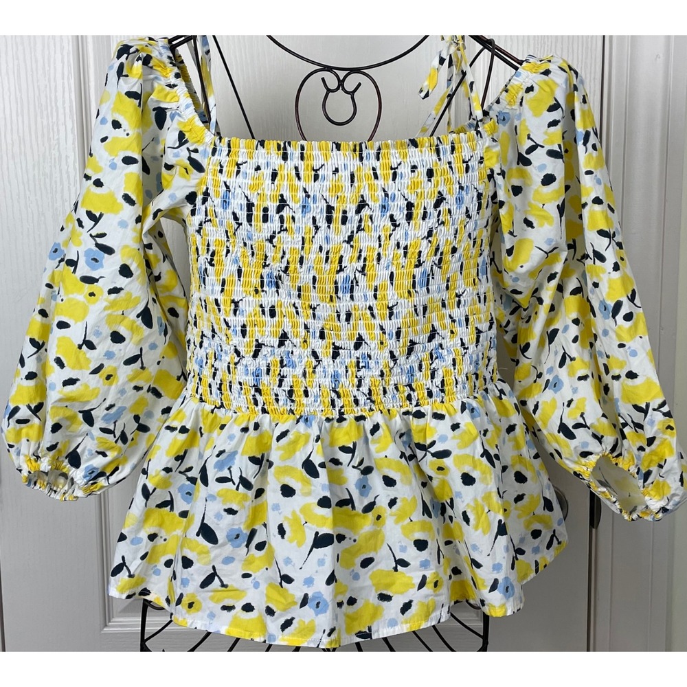 Tanya Taylor Yellow Floral Smocked Peplum Puff Sleeve Top Sz M Cottagecore Boho